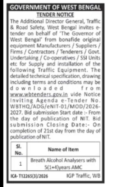 West Bengal Traffic & Road Safety Invites e-Tender for Breath Alcohol