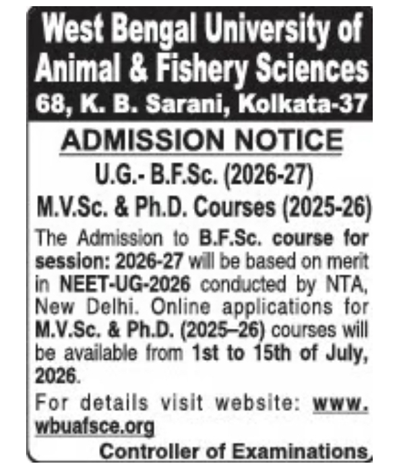 West Bengal University of Animal & Fishery Sciences Admission Notice 2026