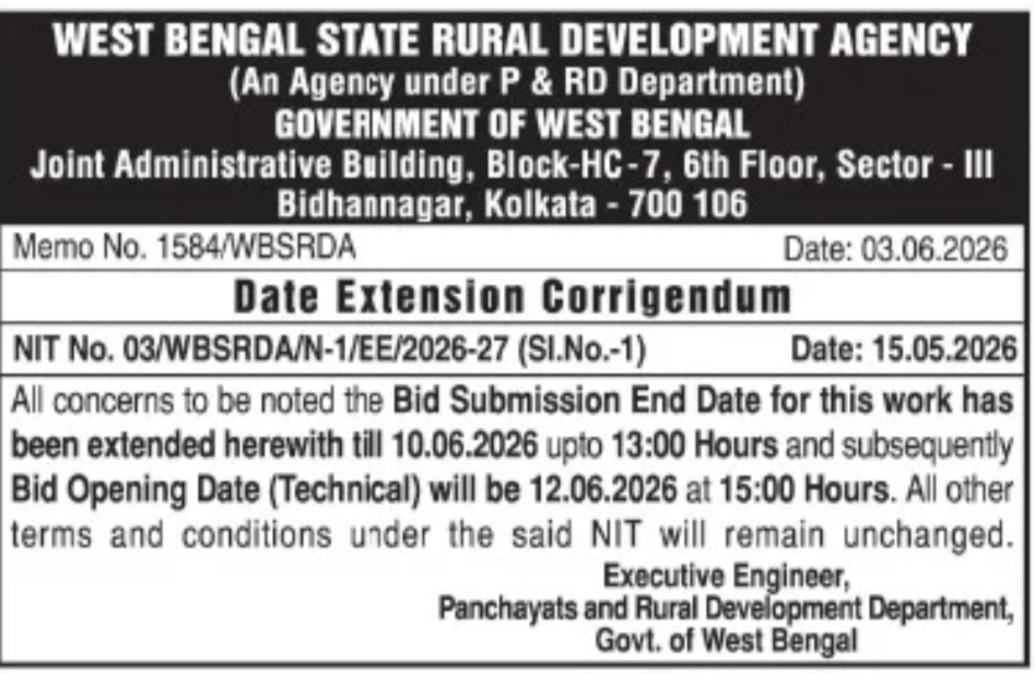 West Bengal WBSRDA Tender Date Extension Notice 2026 – Bid Submission Extended Till 10 June