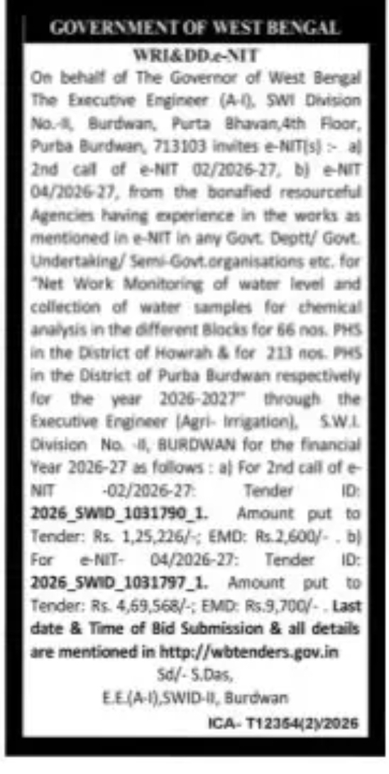 West Bengal WRI&DD e-Tender Notice 2026-27 – Water Level Monitoring & Water Sample Analysis