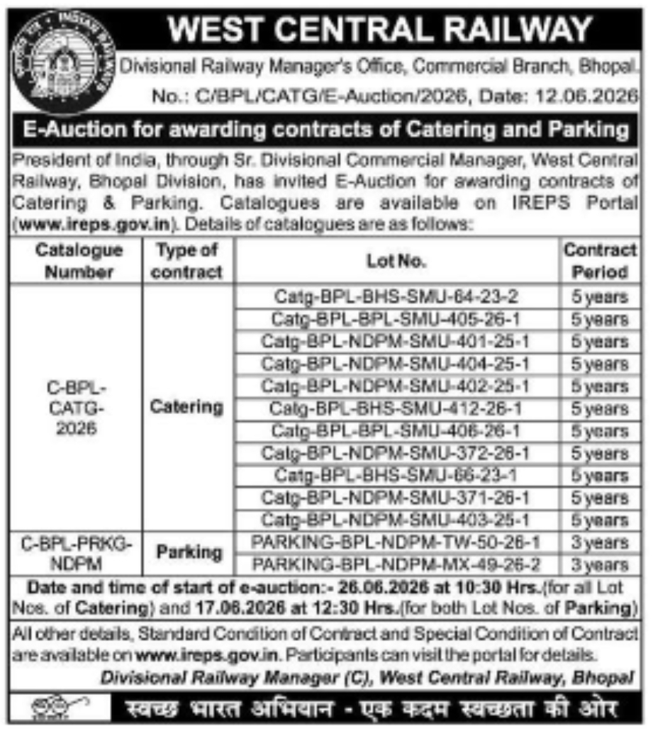West Central Railway Bhopal Division E-Auction Notice for Catering & Parking Contracts (2026)