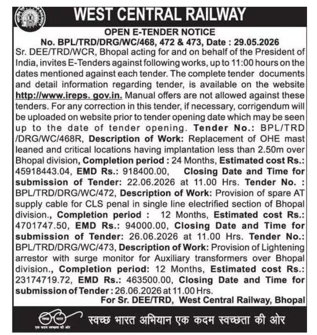 WEST CENTRAL RAILWAY Open E-Tender Notice – Bhopal Division (TRD)