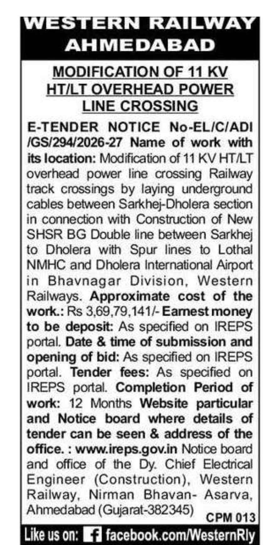 WESTERN RAILWAY – AHMEDABAD E-TENDER NOTICE No. EL/C/ADI/GS/294/2026-27