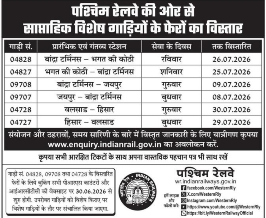 Western Railway Extends Weekly Special Train Services