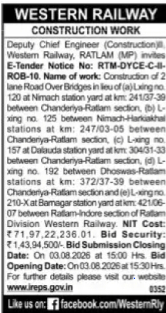Western Railway Invites E-Tender for Construction of Road Over Bridges