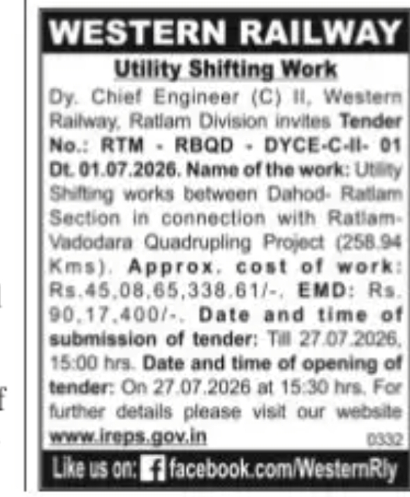 Western Railway Invites E-Tender for Utility Shifting Works Worth Rs. 45.08 Crore