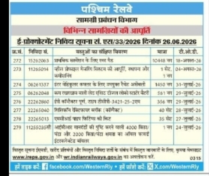 Western Railway Invites E-Tenders for Electrical Works