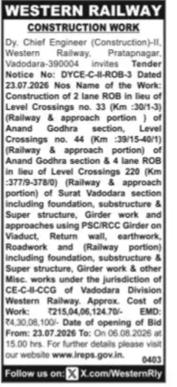 Western Railway Invites Tender for Construction of Road Over Bridges