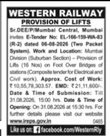 Western Railway – Provision of 16 Lifts at Mumbai Division