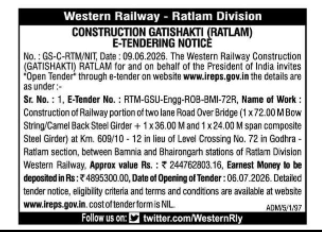 Western Railway – Ratlam Division (Construction GatiShakti) – Tender Notice (Ratlam, Madhya Pradesh)