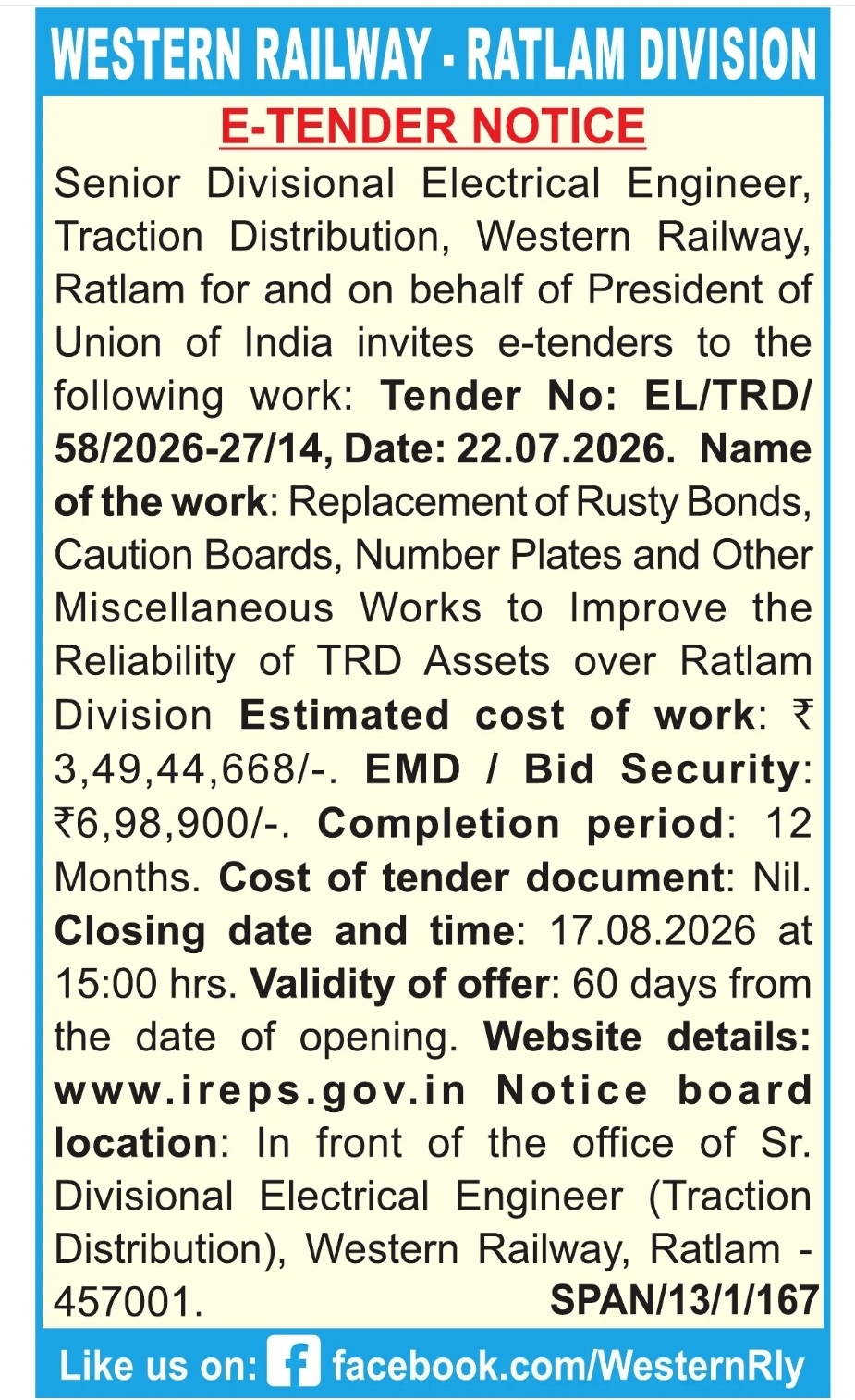 Western Railway Ratlam Division E-Tender Notice 2026 – TRD Asset Improvement Works