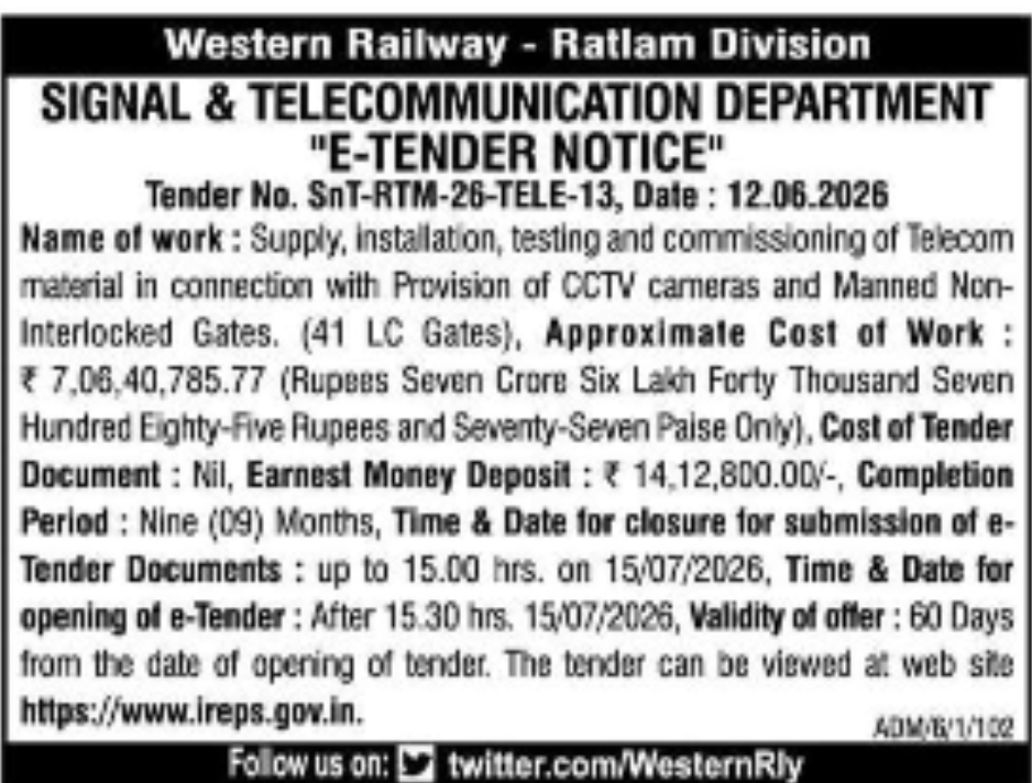 Western Railway Ratlam Division Invites ₹7.06 Crore Tender for CCTV Installation at 41 Level Crossing Gates