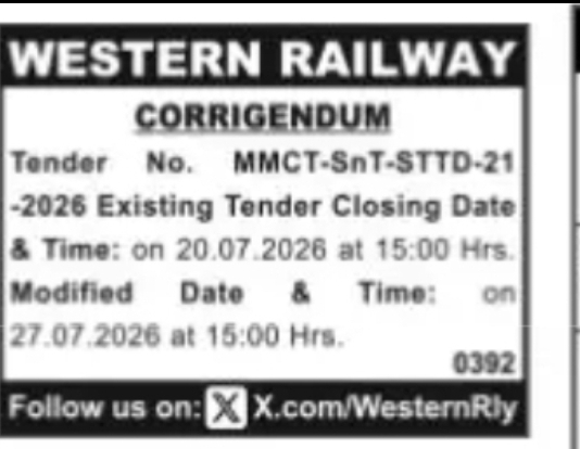 Western Railway Tender Corrigendum – Closing Date Extended