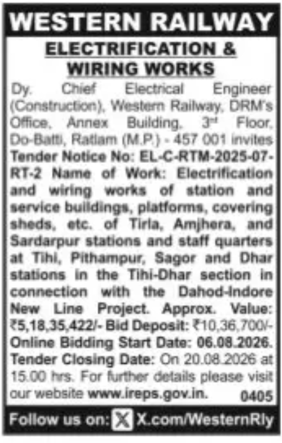 Western Railway Tender Notice – Electrification & Wiring Works (Ratlam Division)