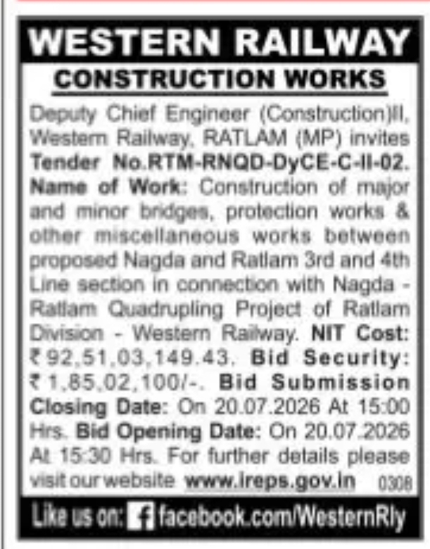 WESTERN RAILWAY – TENDER NOTICE