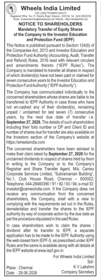 Wheels India Limited – Notice to Shareholders on Mandatory Transfer of Shares to IEPF