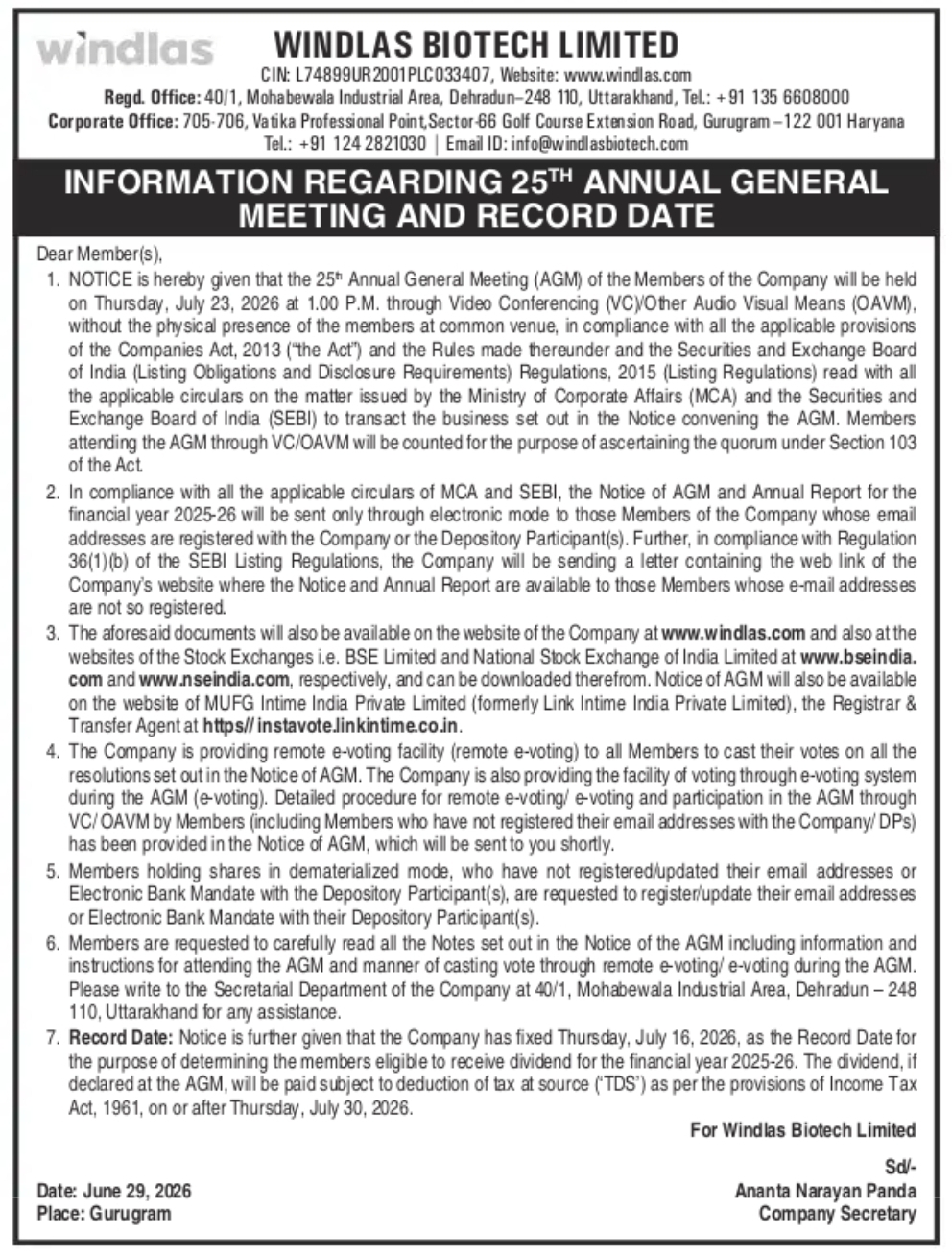 Windlas Biotech Limited – 25th Annual General Meeting and Record Date Notice