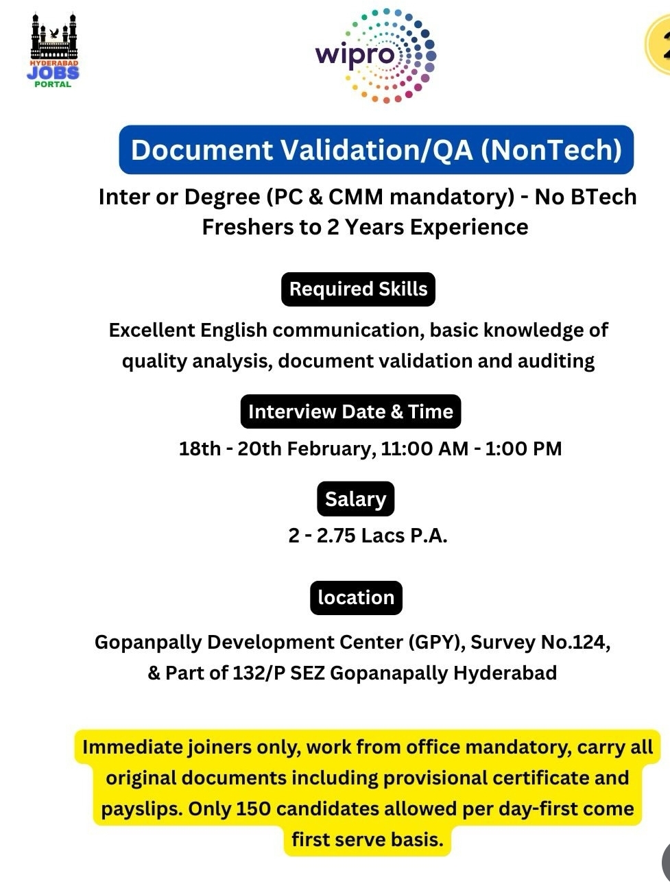 Wipro – Document Validation / QA (Non-Tech) | Hyderabad