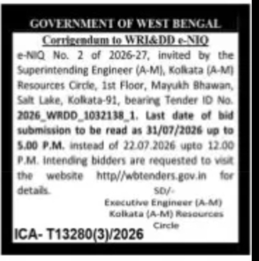 WR&DD Corrigendum Notice – e-NIQ Submission Date Extended