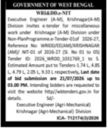 WRI&DD Agricultural Mechanical Division Tender – Krishnagar