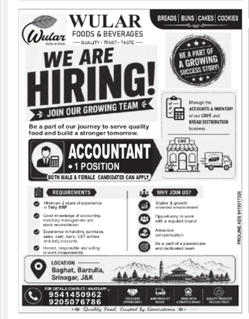 Wular Foods & Beverages Hiring Accountant
