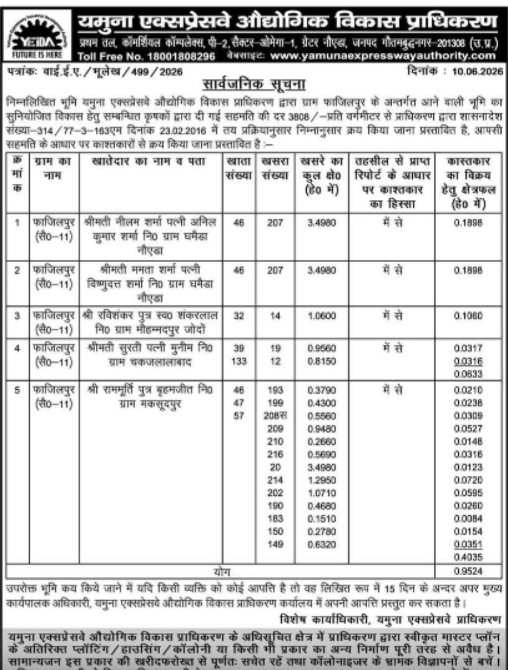 Yamuna Expressway Industrial Development Authority (YEIDA) Land Acquisition Public Notice – Fajilpur Village