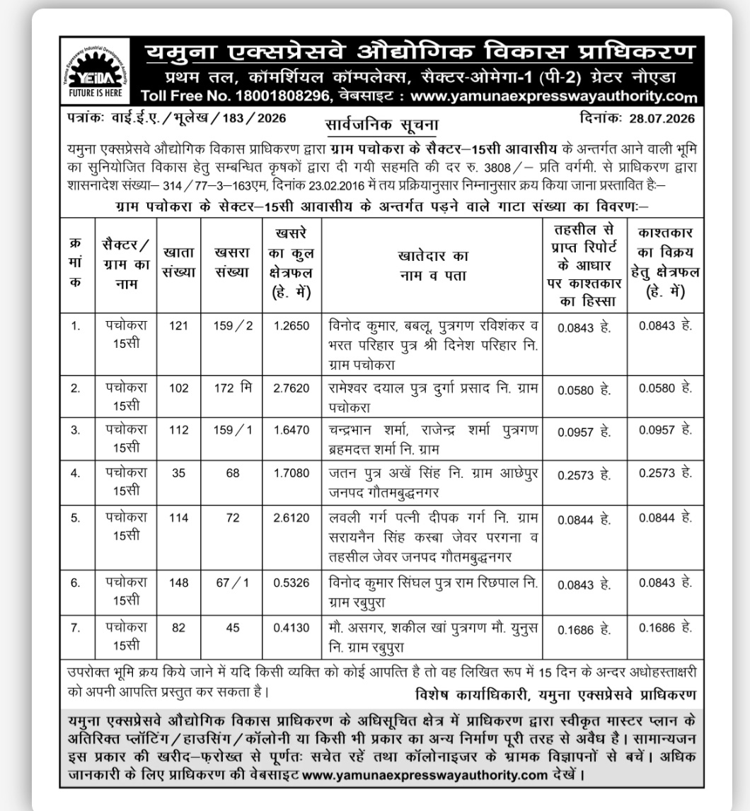 YEIDA Public Notice – Proposed Land Purchase in Village Pachokara, Sector-15C, Greater Noida