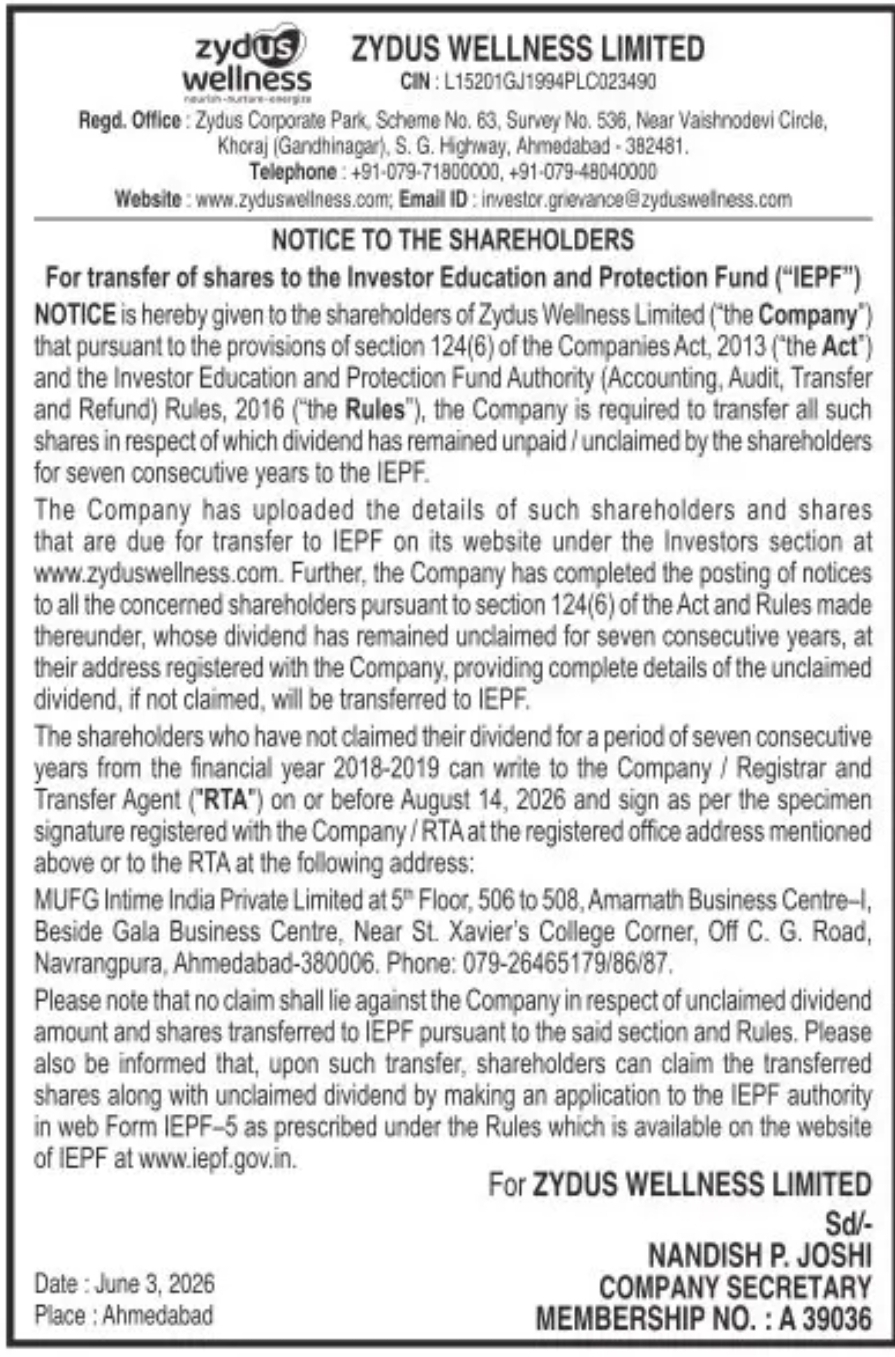 Zydus Wellness Limited IEPF Share Transfer Notice