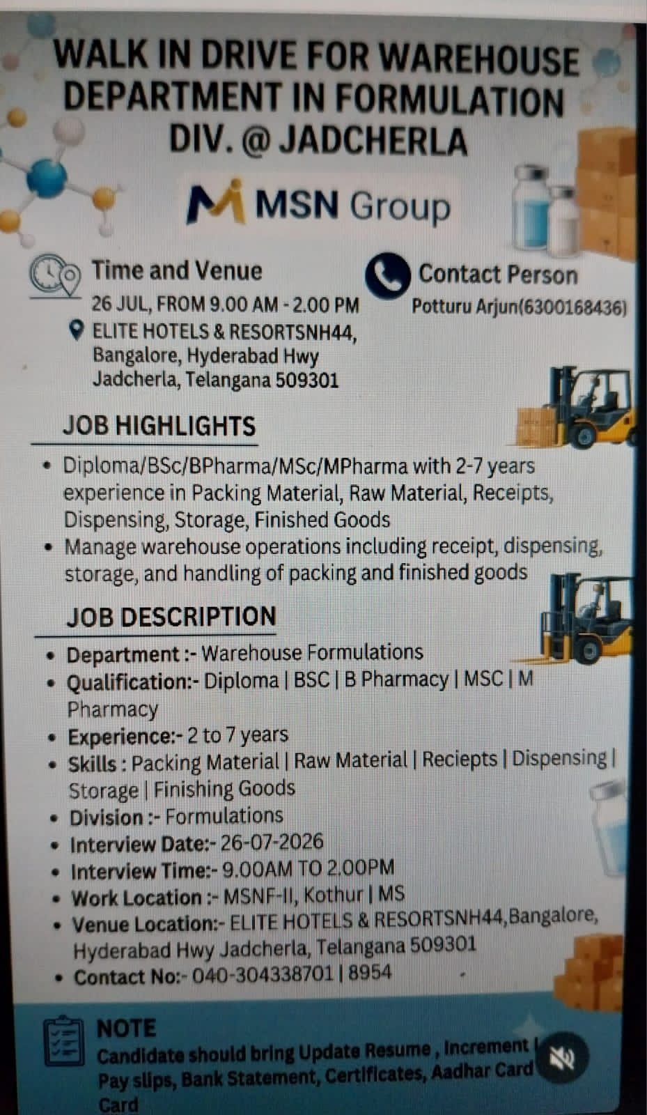 Required for Warehouse at Jadcherla