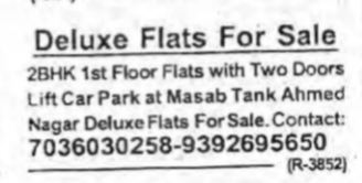 2 BHK Deluxe Flat for Sale in Masab Tank