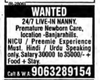 24/7 Live-in Nanny Required in Banjara hills