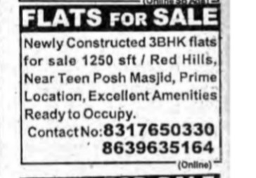 3 BHK Flats for Sale in Red Hills