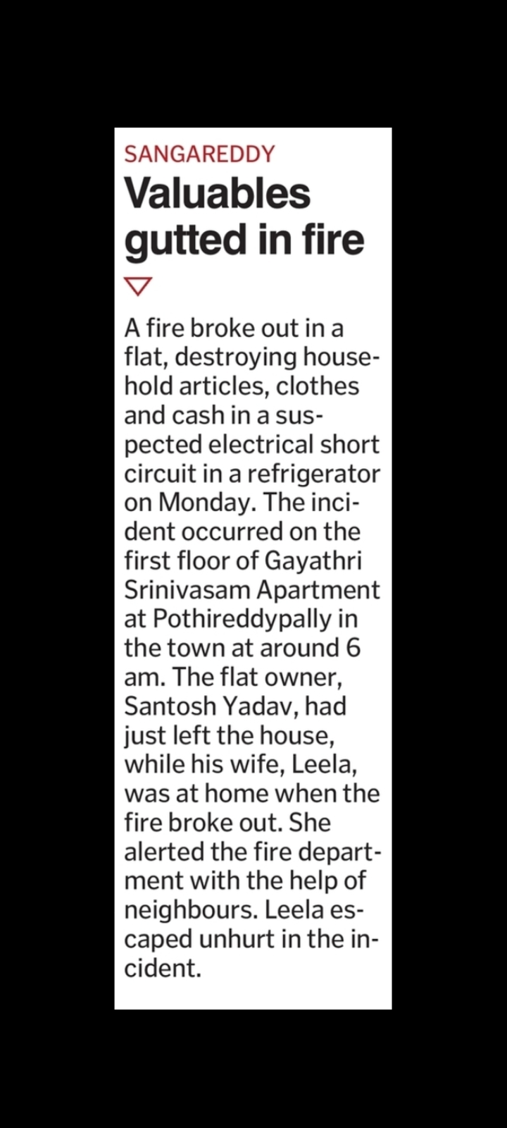 A sudden fire case in Sangareddy