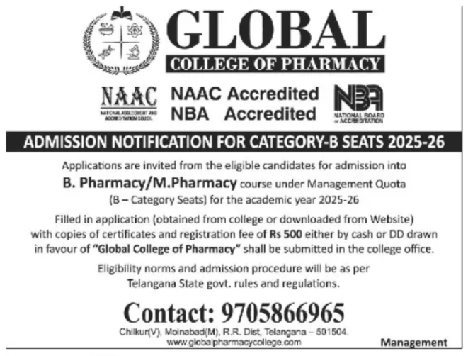 Admission Open – Global College of Pharmacy (2025-26)