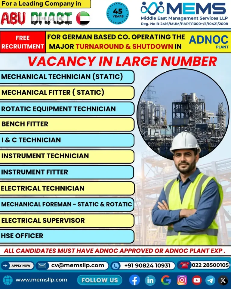ADNOC Plant – Technical & Supervisory Roles (Abu Dhabi)