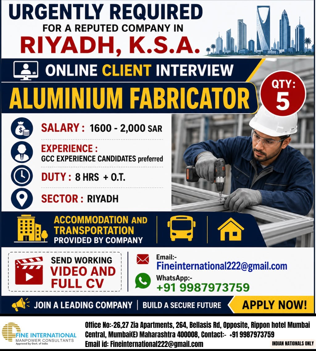 Aluminium Fabricators Required in Saudi Arabia
