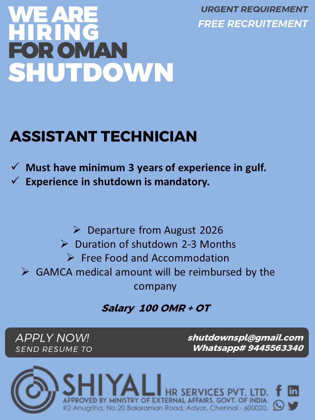 Assistant Technician Required in Oman