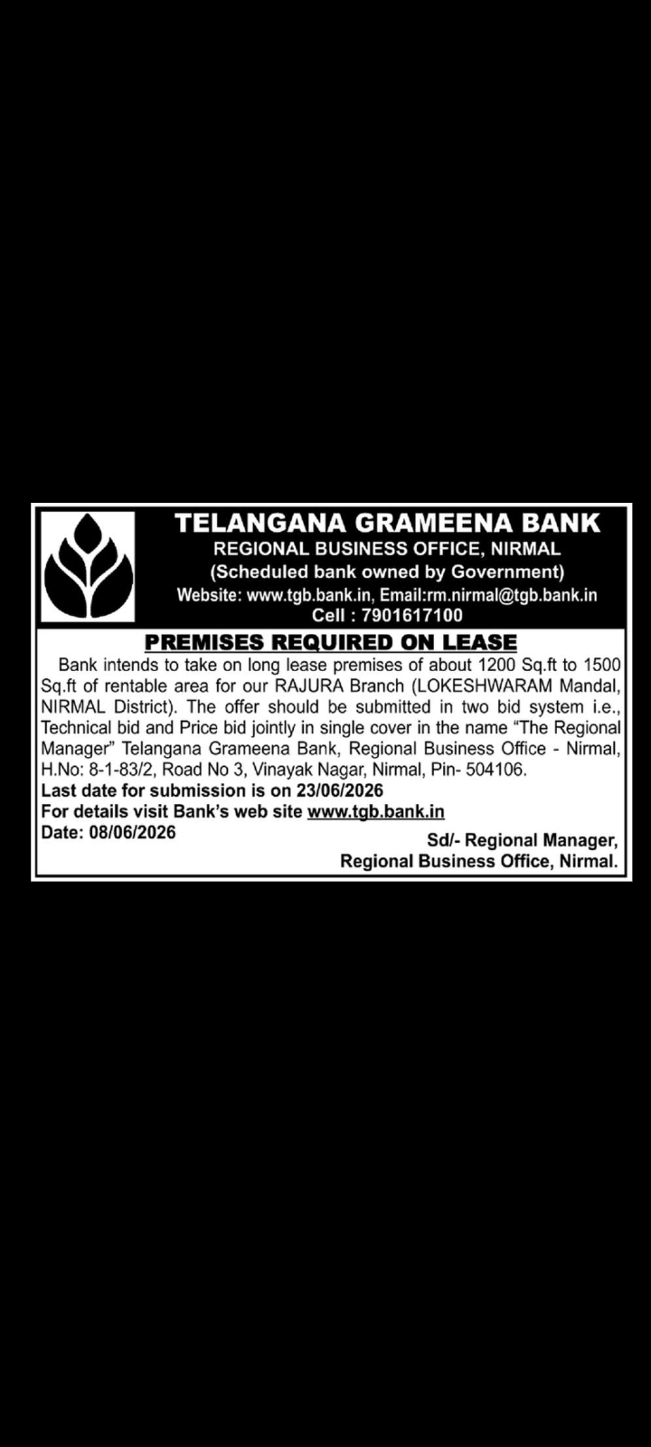 Bank requirs Property for  Lease