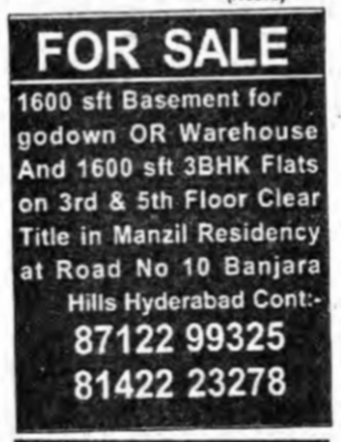Basement / 3 BHK Flats for Sale in Banjara Hills