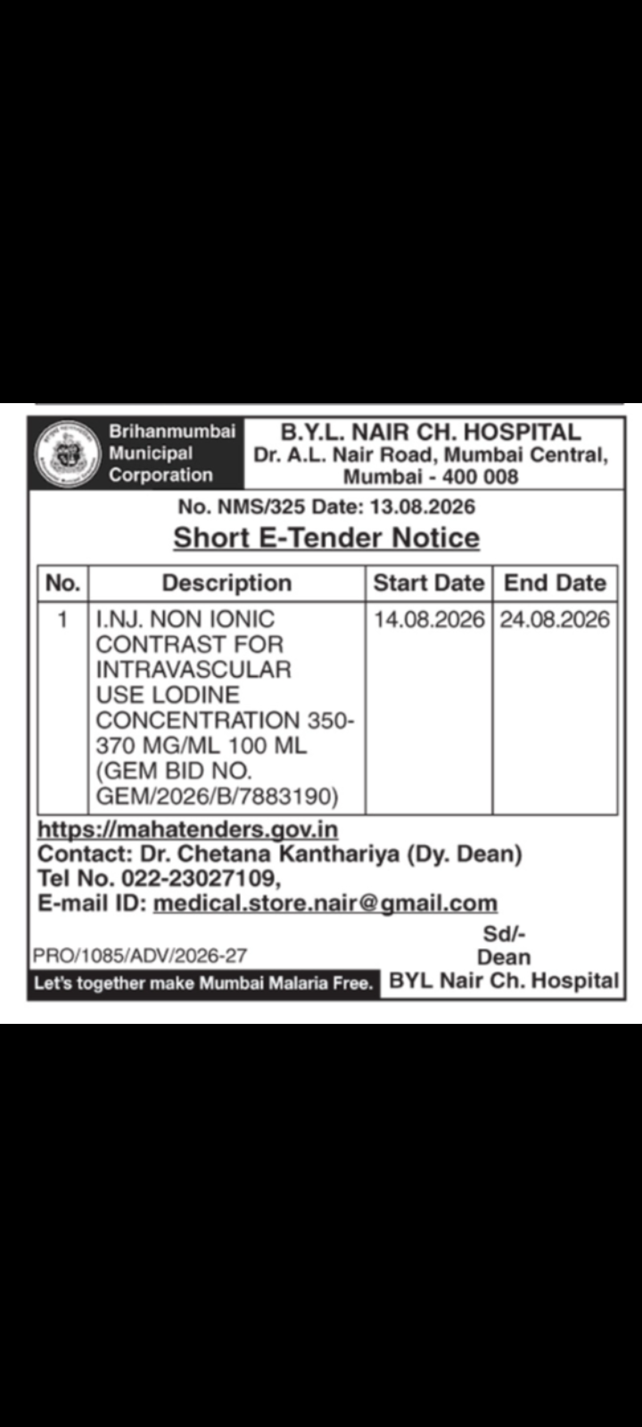 B.Y.L. Nair Ch. Hospital – Short E-Tender Notice