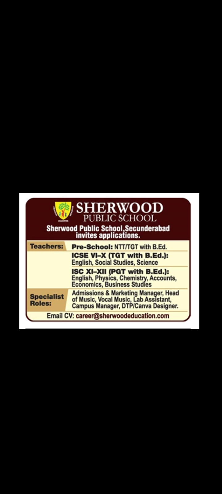Career Openings at Sherwood Public School,