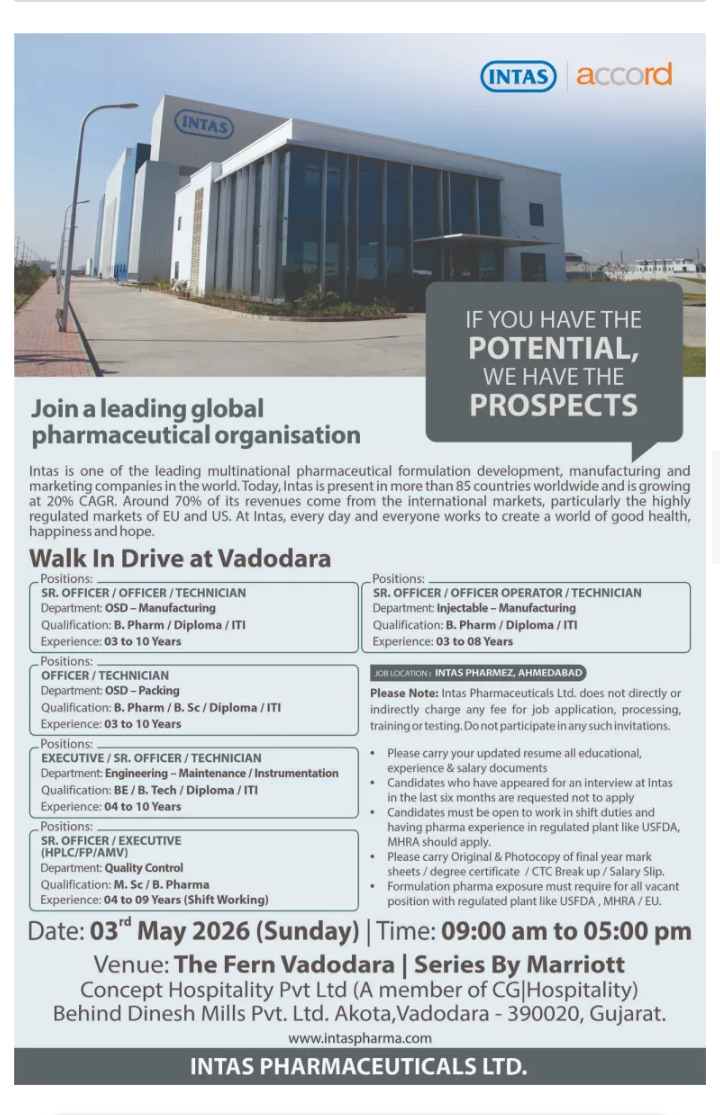 career opportunity at Intas Pharma