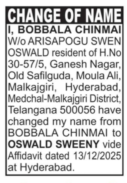 ⚖️ Change of Name: Bobbala Chinmai to Oswald Sweeny