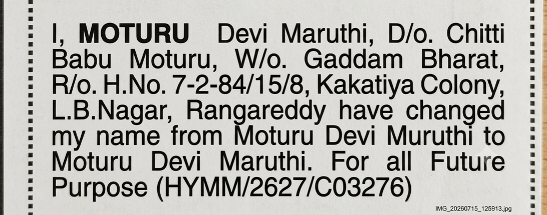 Change of Name Notice - Moturu Devi Muruthi to Moturu Devi Maruthi