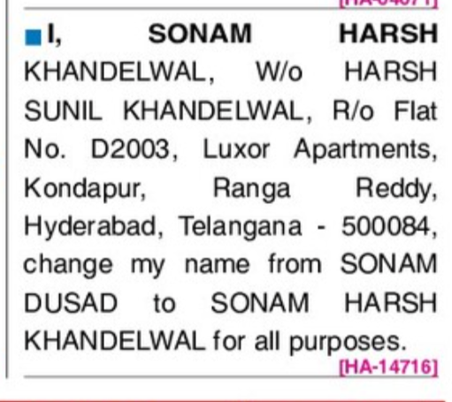 CHANGE OF NAME NOTICE - Sonam Harsh Khandelwal