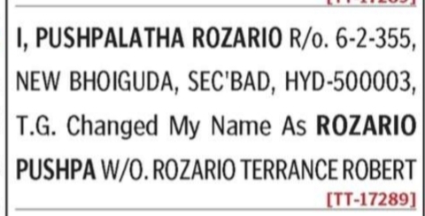Change of Name - Pushpalatha Rozario  to Rozario Pushpa