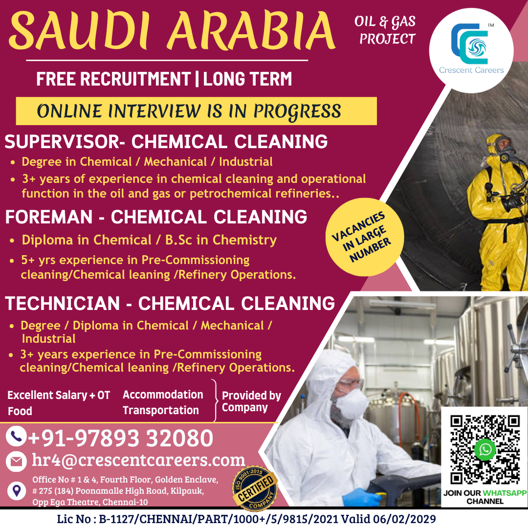 Chemical Cleaning Staff Required in Saudi Arabia 🇸🇦