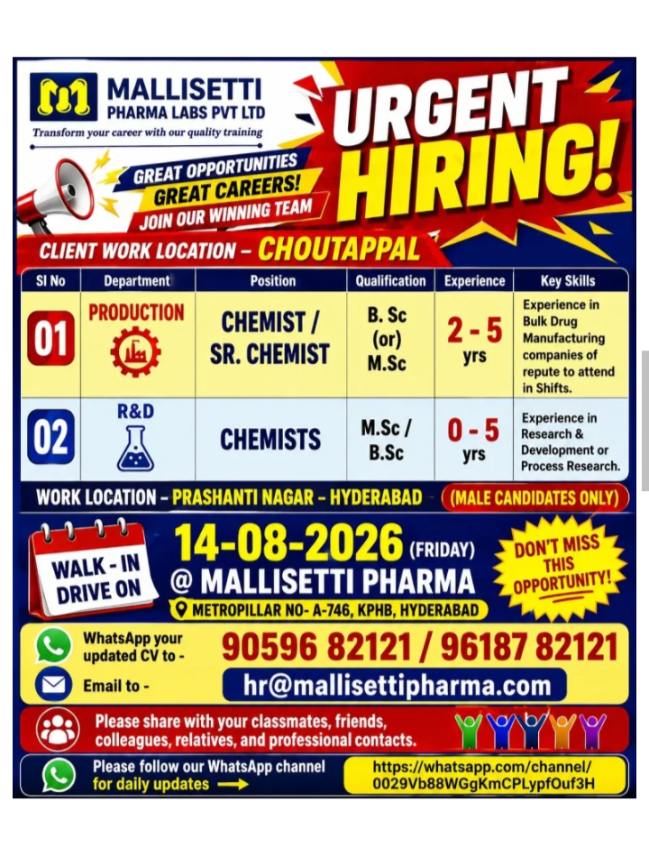 Chemist / Sr. Chemist required in Hyderabad