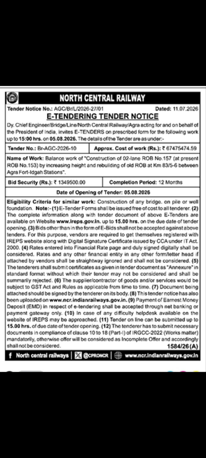 Construction of 2-Lane Railway Overbridge (ROB) Notice