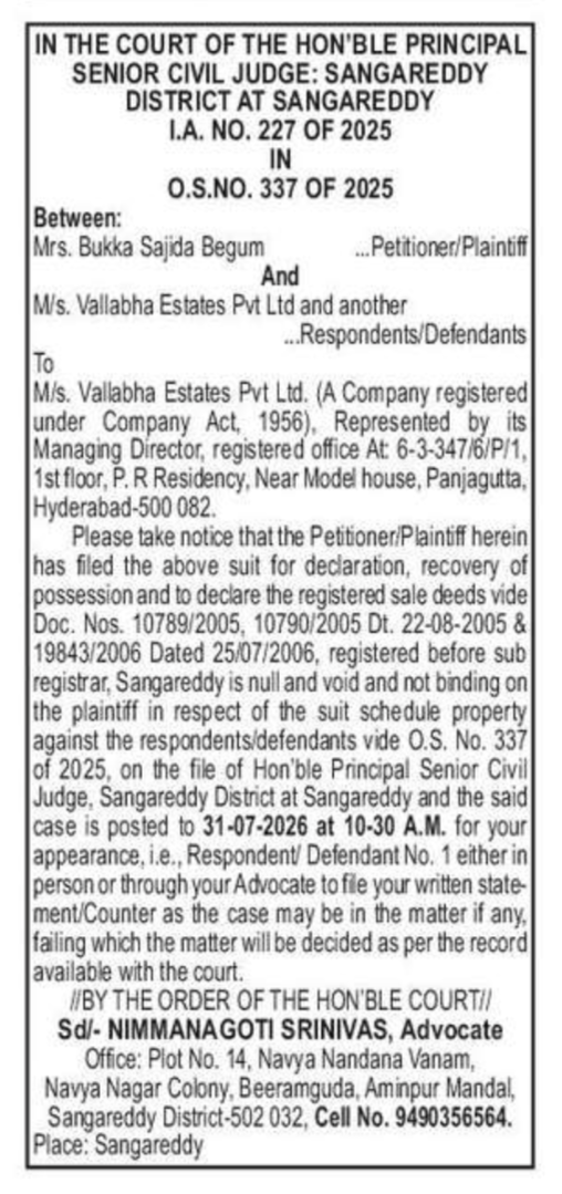 ⚖️ Court Notice - Mrs. Bukka Sajida Begum vs M/s. Vallabha Estates Pvt Ltd and another
